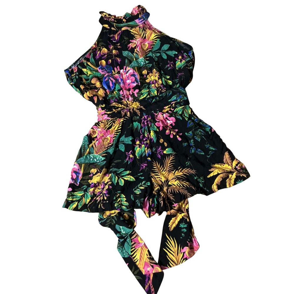 Rachel Rachel Roy Boho Womens Black Floral Tropical Halter Neck Romper Size M